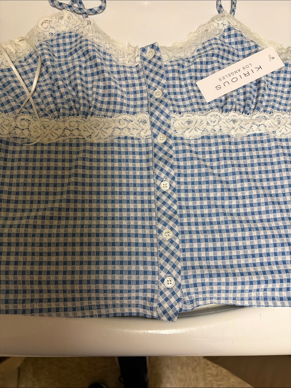 Blue Gingham Lace-Trim Girls' Tank Top
